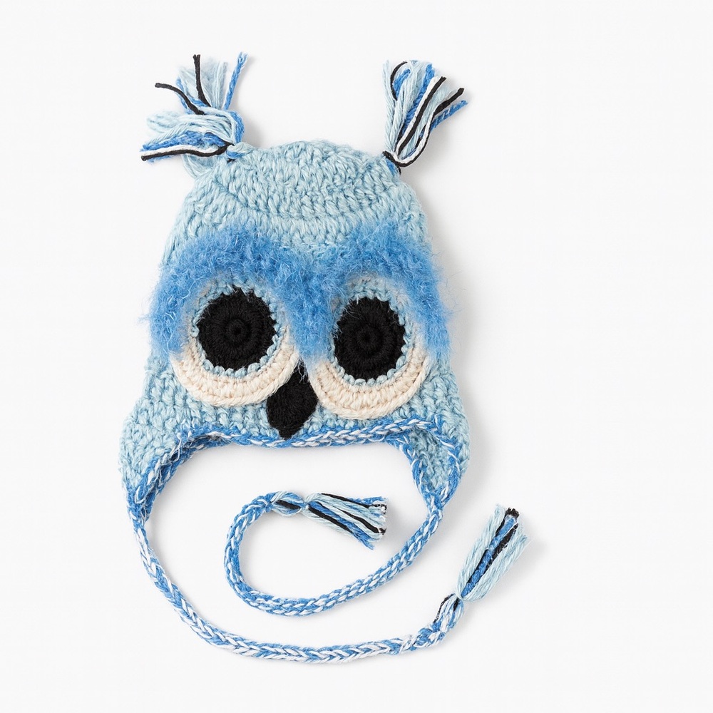 Handmade Crochet Owl Baby Hat 3–6 Months Blue Tassel Earflap